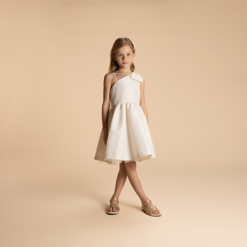 Vestido sin mangas de jacquard floral con tirante lazo para niña 