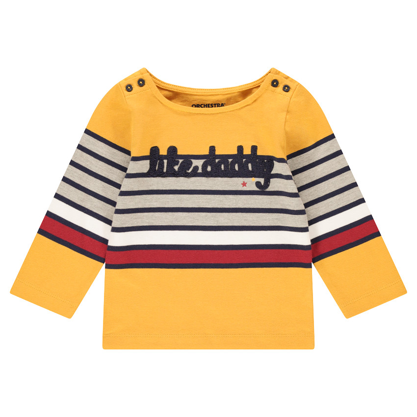 Marinera de punto con rayas que contrastan e inscripción de buclé 