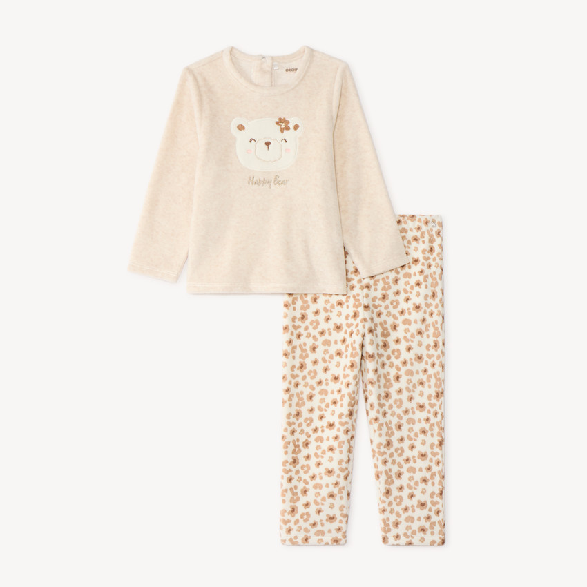 Pijama de 2 piezas para bebé niña con bordado de osito. 