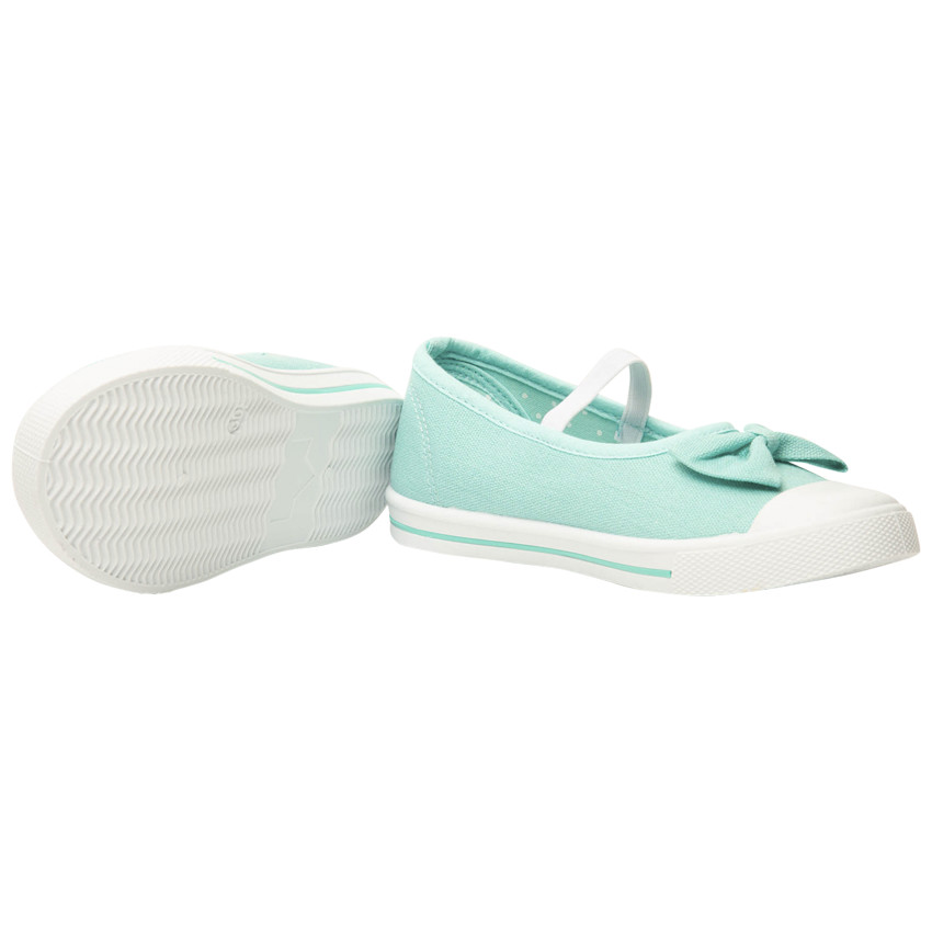 Merceditas turquesa de tela con lazo y tira elástica para niña 