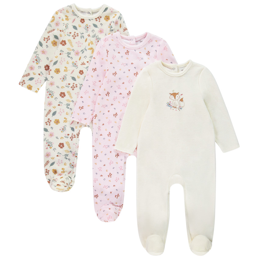 Pack de 3 peleles de terciopelo con estampado floral para bebé niña, con diferentes aperturas según la edad. 