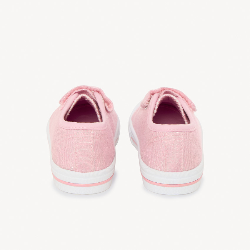 Zapatillas bajas de lona lilas con purpurina, con velcro y cordones para niña 