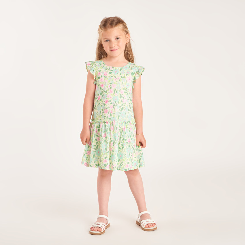 Ropa de niña con mangas cortas, estampada de flores y abertura en la espalda. 