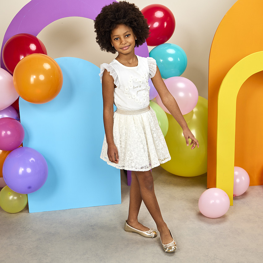 Camiseta manga corta de tul y flores 3D para niña 