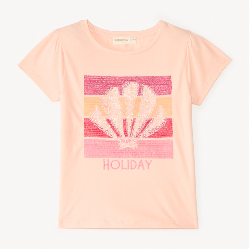 Camiseta de manga corta con bordado de lentejuelas de concha para niña 