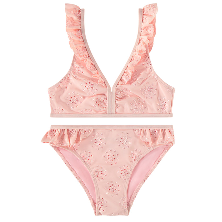 Bañador de 2 piezas con detalles de volantes y bordado inglés para niña 
