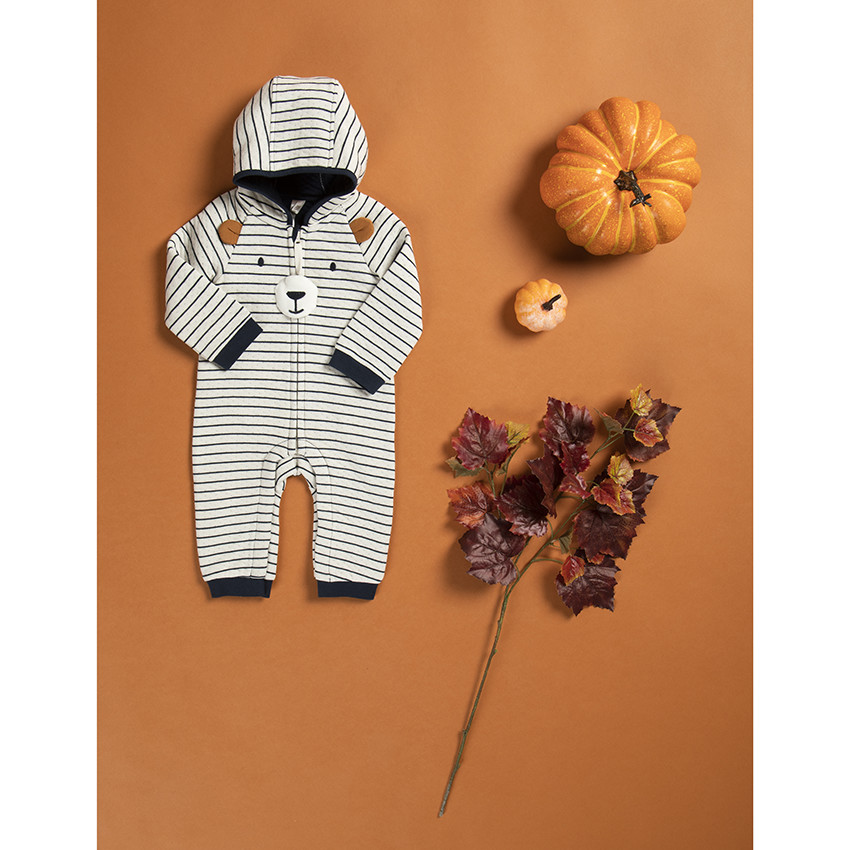 Pelele largo de doble jersey a rayas con diseño de oso para bebé niño 