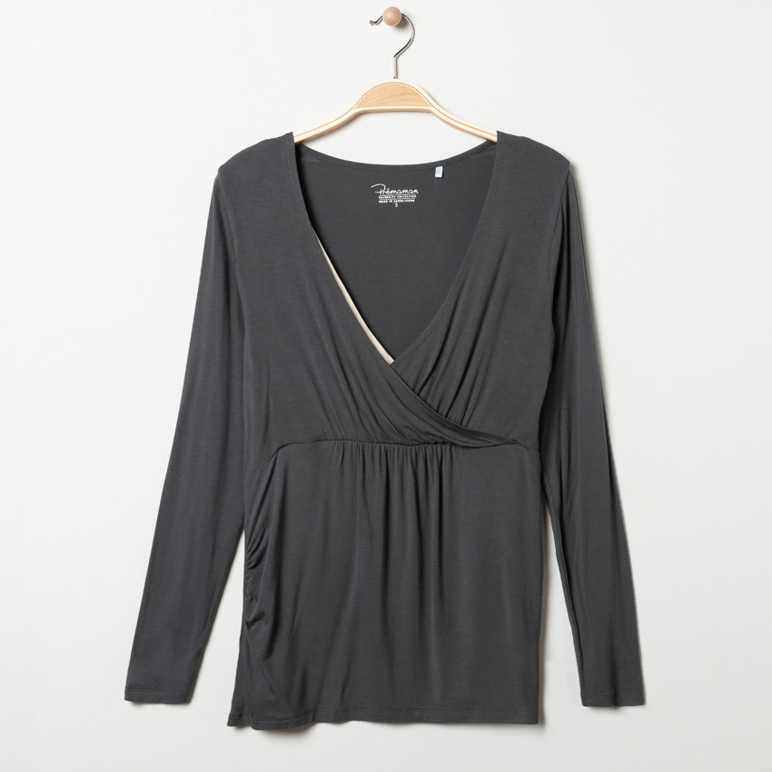 Camiseta de manga larga gris para embarazo y lactancia 