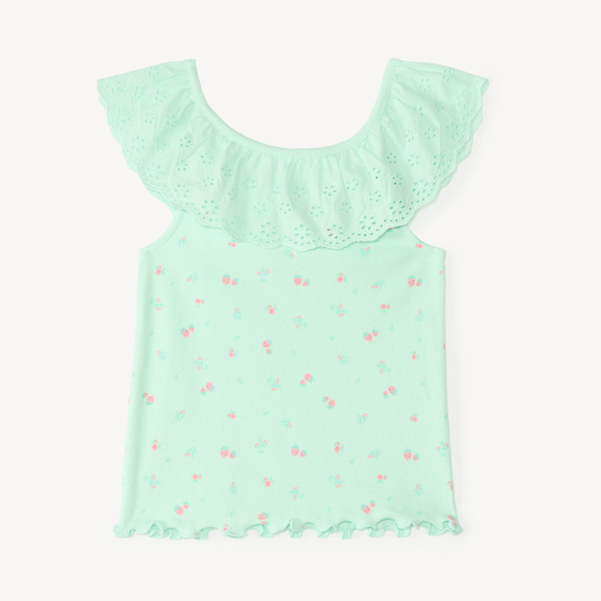 Camiseta sin mangas con volante de bordado inglés y estampado de fresa para bebé niña. 