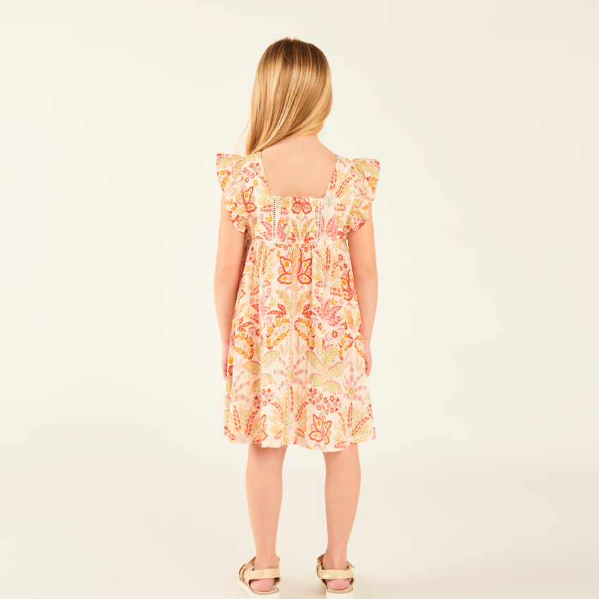 Vestido de niña de manga corta con volantes y estampado fantasía. 