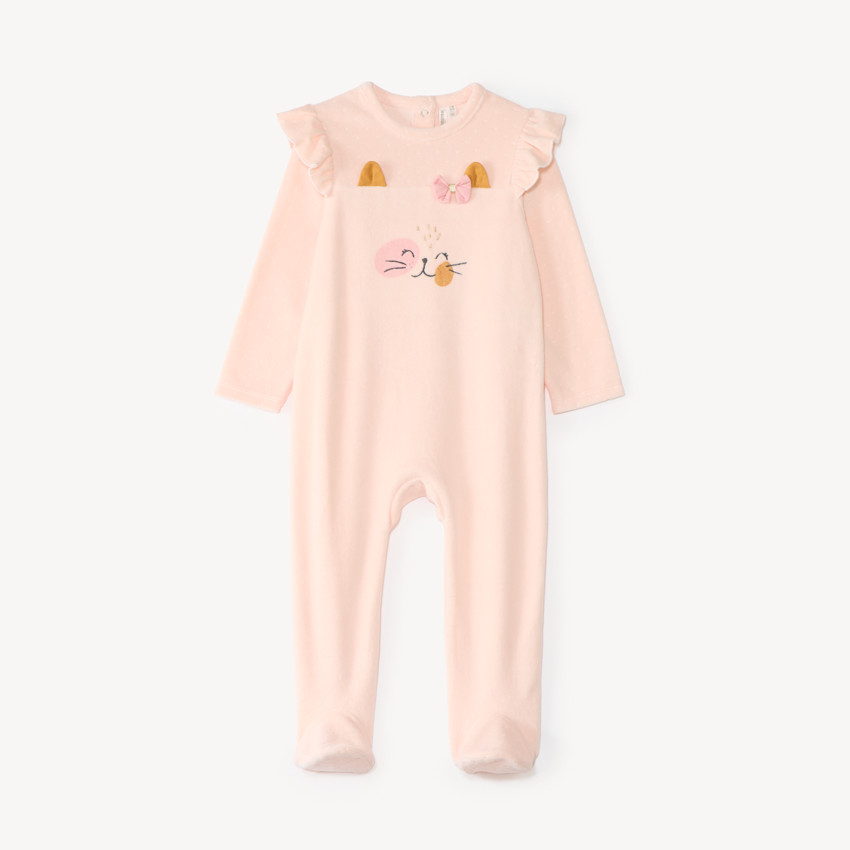 Duerme bien de terciopelo para bebé niña con bordado de gato (aberturas diferentes según la edad) 