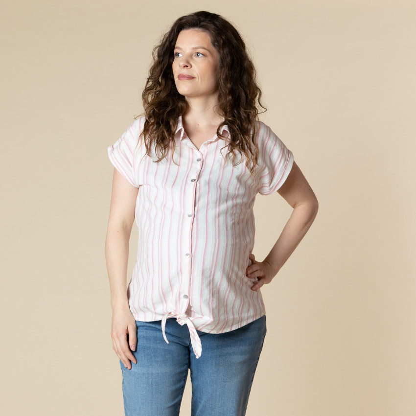 Camisa de manga corta de embarazo y lactancia a rayas con lazo 