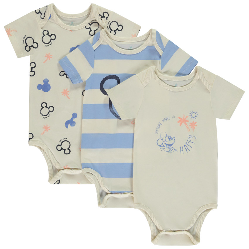 Pack de 3 bodies manga corta Mickey Disney para bebé niño con diferentes aperturas según la edad 