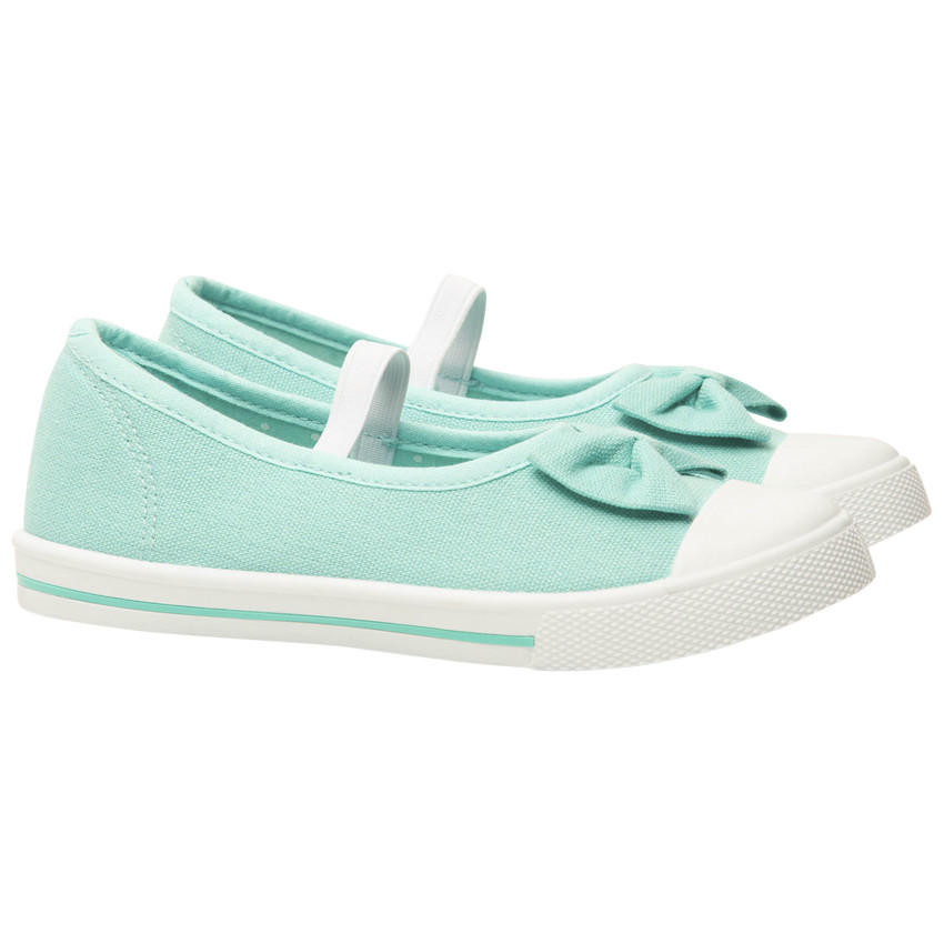 Merceditas turquesa de tela con lazo y tira elástica para niña 