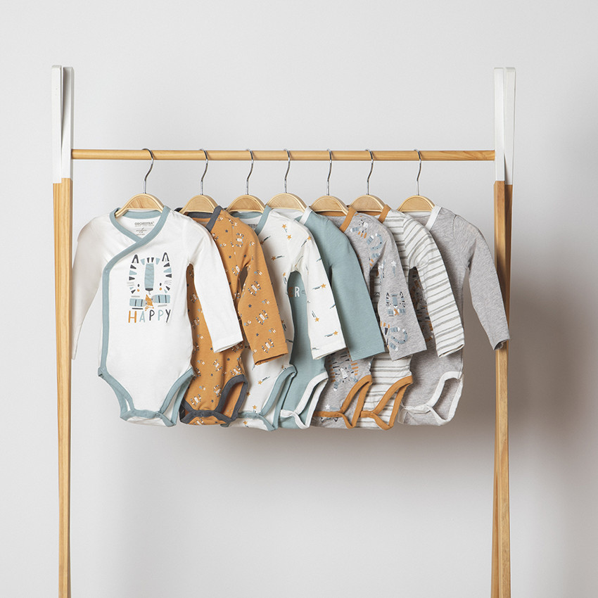 Pack de 7 bodies de manga larga estampados con tigres para bebé niño 