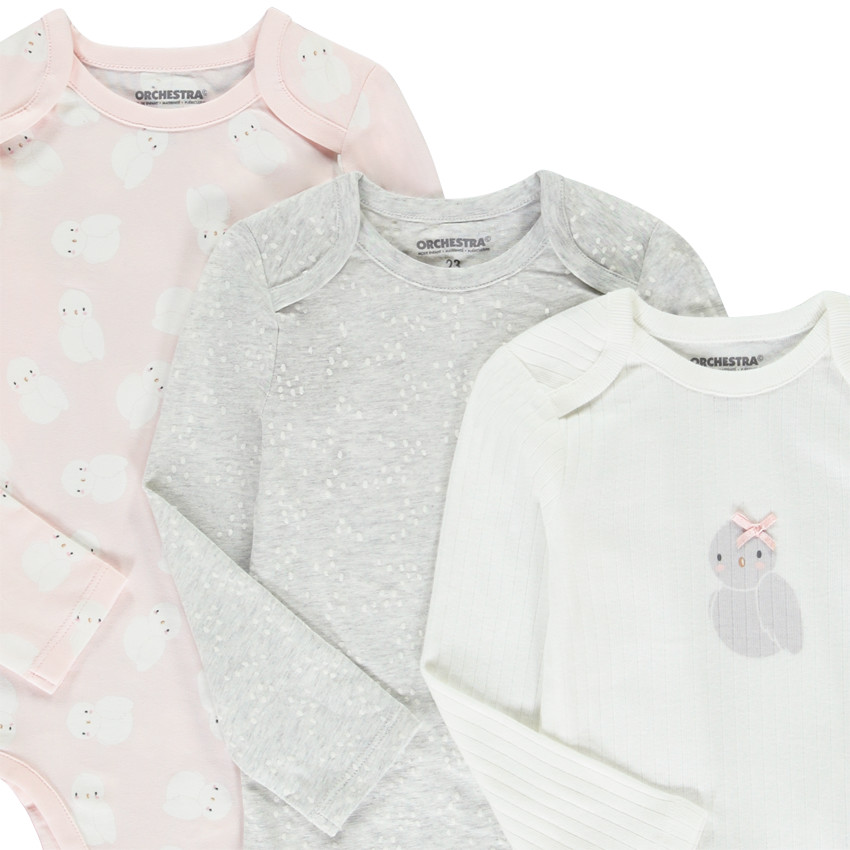 Pack de 7 bodies de manga larga con estampado de búho para bebé niña con diferentes aberturas según la edad. 