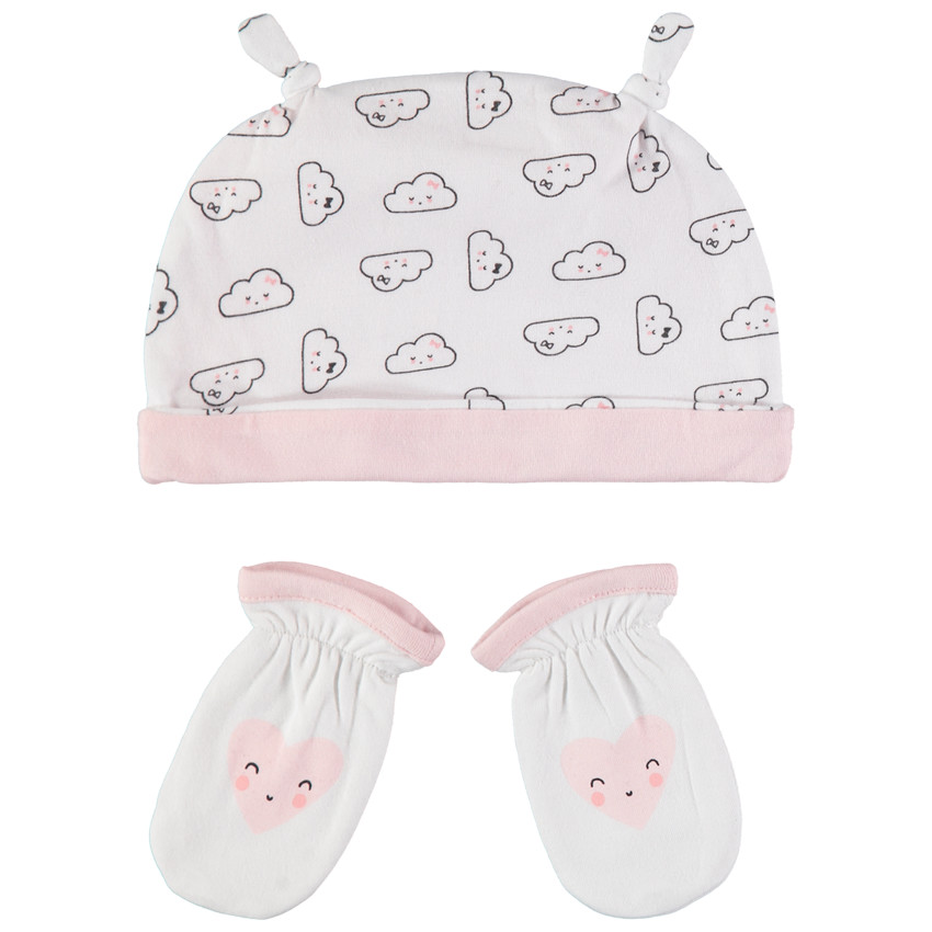 Conjunto de gorro y guantes con estampado de nubes y manoploas de algodón ecológico 