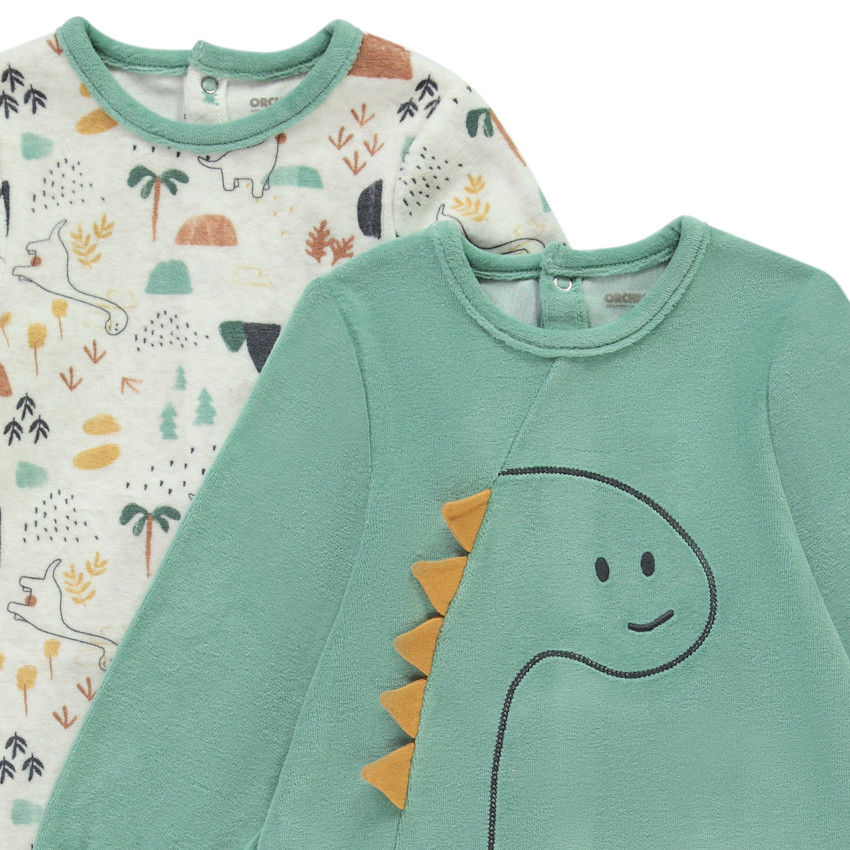 Lote de 2 peleles de terciopelo con estampado de dinosaurios para bebé niño con aperturas según la edad 