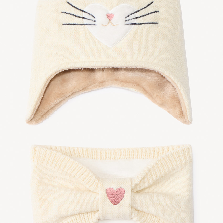 Conjunto de punto con gorro divertido de gato y cuello tubular para bebé niña 