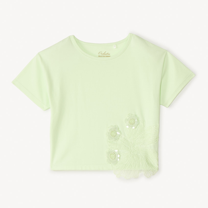 Camiseta de manga corta con grandes flores de lentejuelas para niña. 