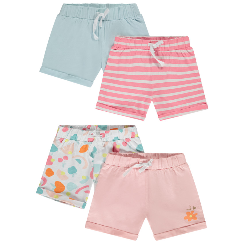 Pack de 4 shorts de punto flameado lisos y con fantasía para niña. 
