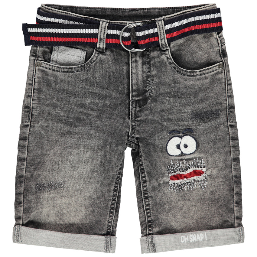 Bermudas de felpa con efecto vaquero y cinturón de rayas con personaje bordado 