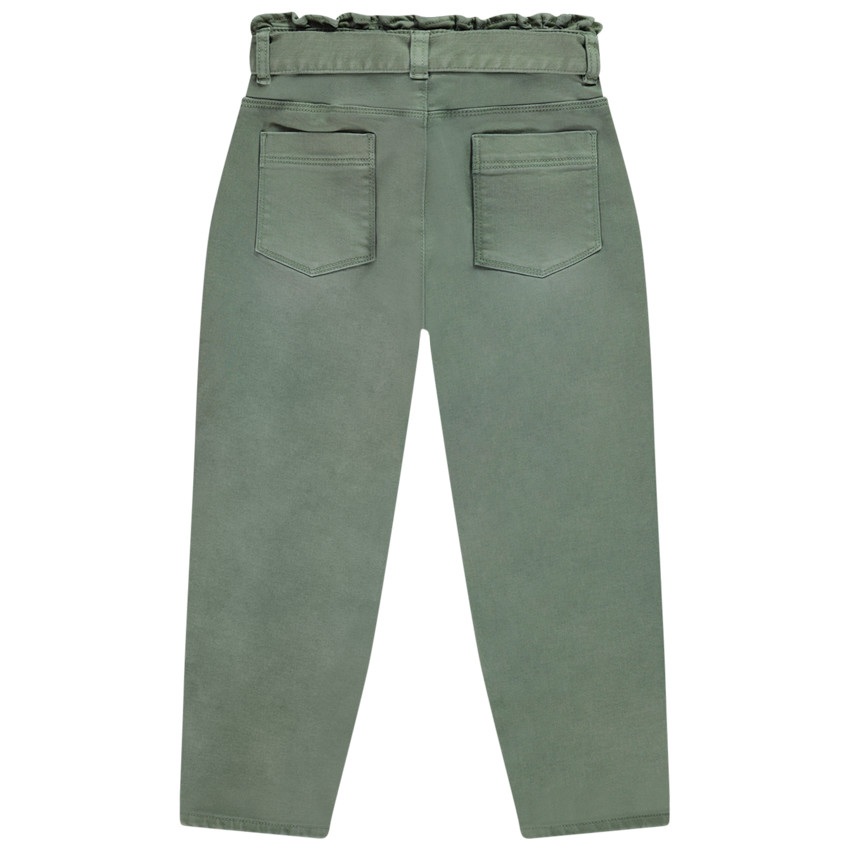 Pantalón vaquero verde liso con efecto denim y cinturón para niña 