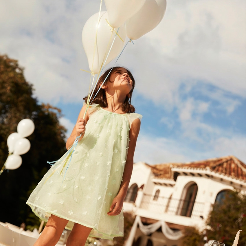 Robe unie en tulle avec petites fleurs 3D pour fille 