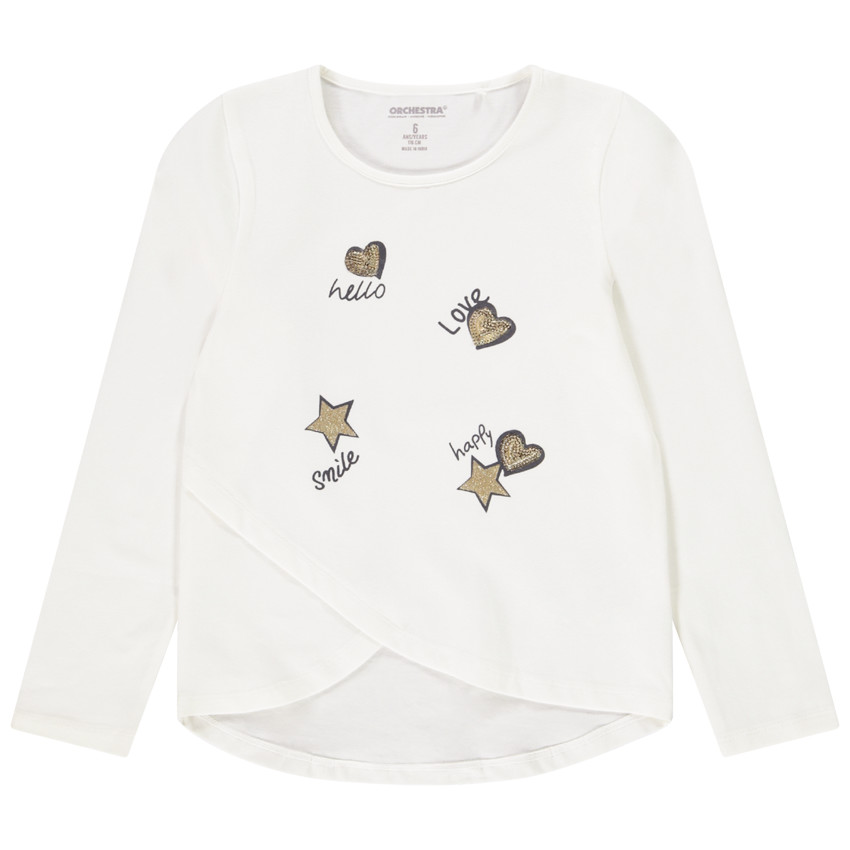 T-shirt croisé à manches longues en jersey avec print et sequins pour fille 