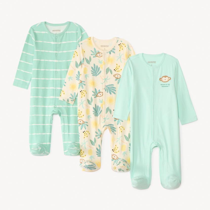 Lote de 3 pijamas estampados para bebé niño - con aperturas diferentes según la edad. 