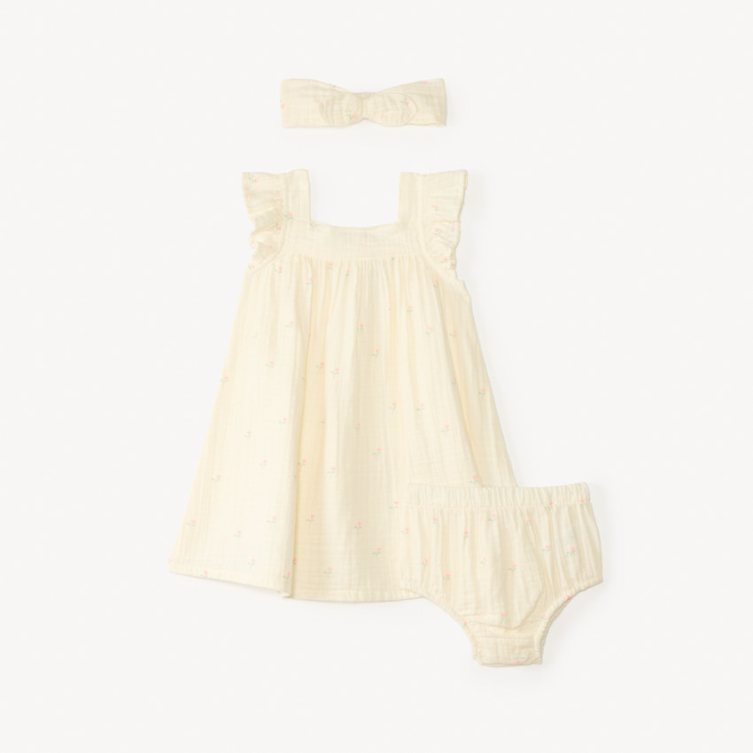 Conjunto de 3 piezas: vestido + bombachos + diadema de gasa de algodón para niña. 