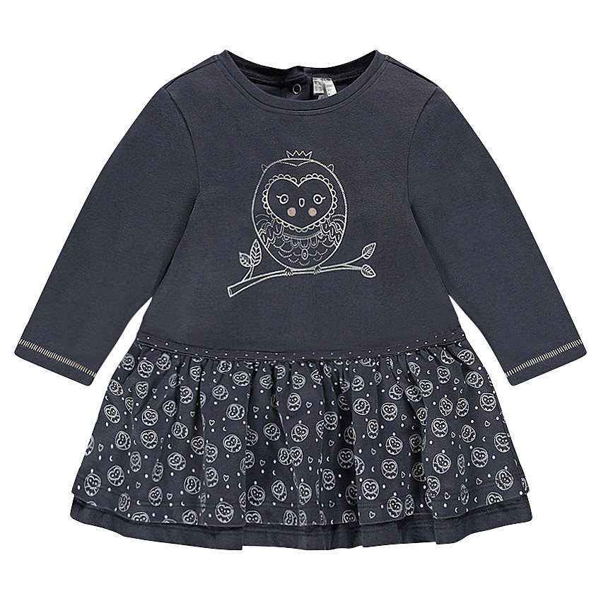 Vestido de manga larga con volantes y estampado de lechuza 