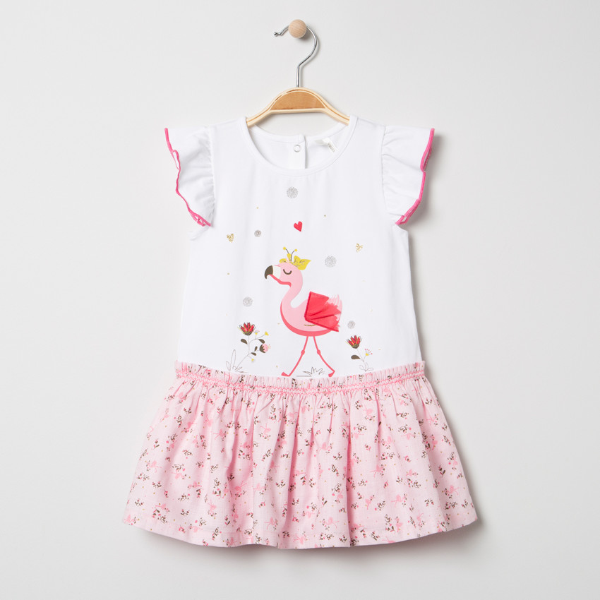 Vestido mangas cortas efecto 2 en 1 print flamant rose 