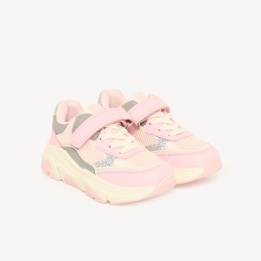 Zapatillas de deporte niña con velcro rosas y brillantes. 