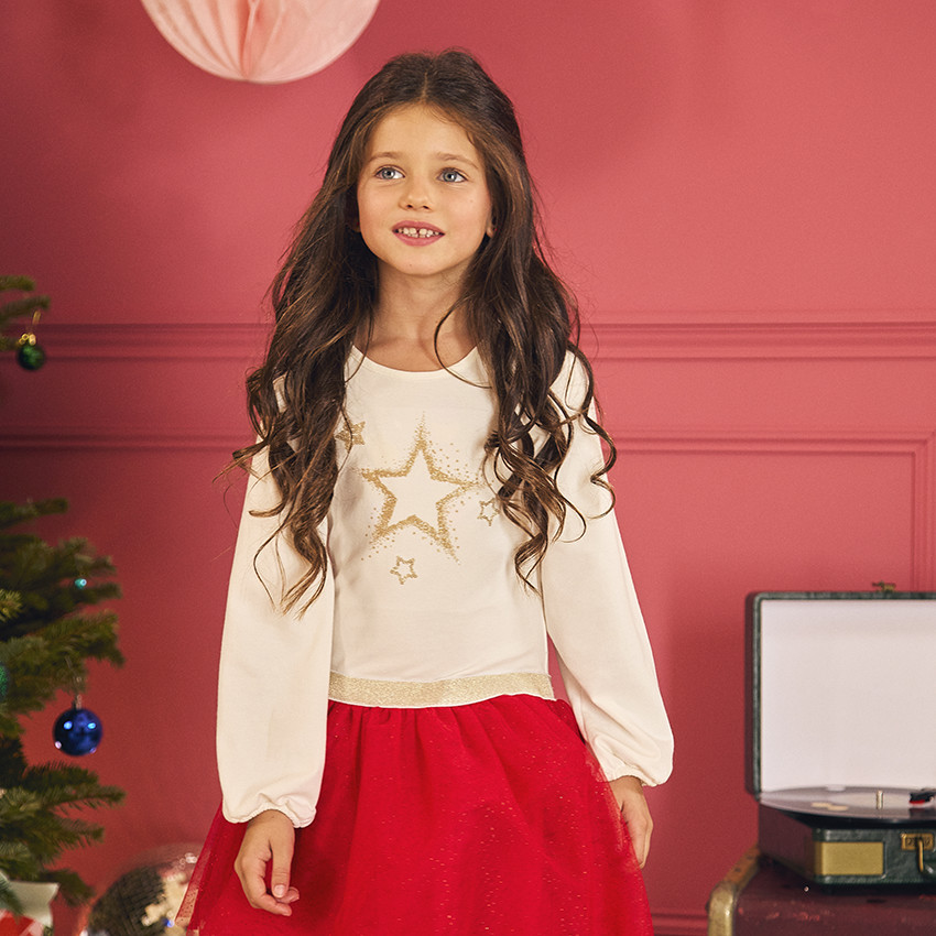 Vestido de fiesta de manga larga efecto 2 en 1 de bi-materia para niña 