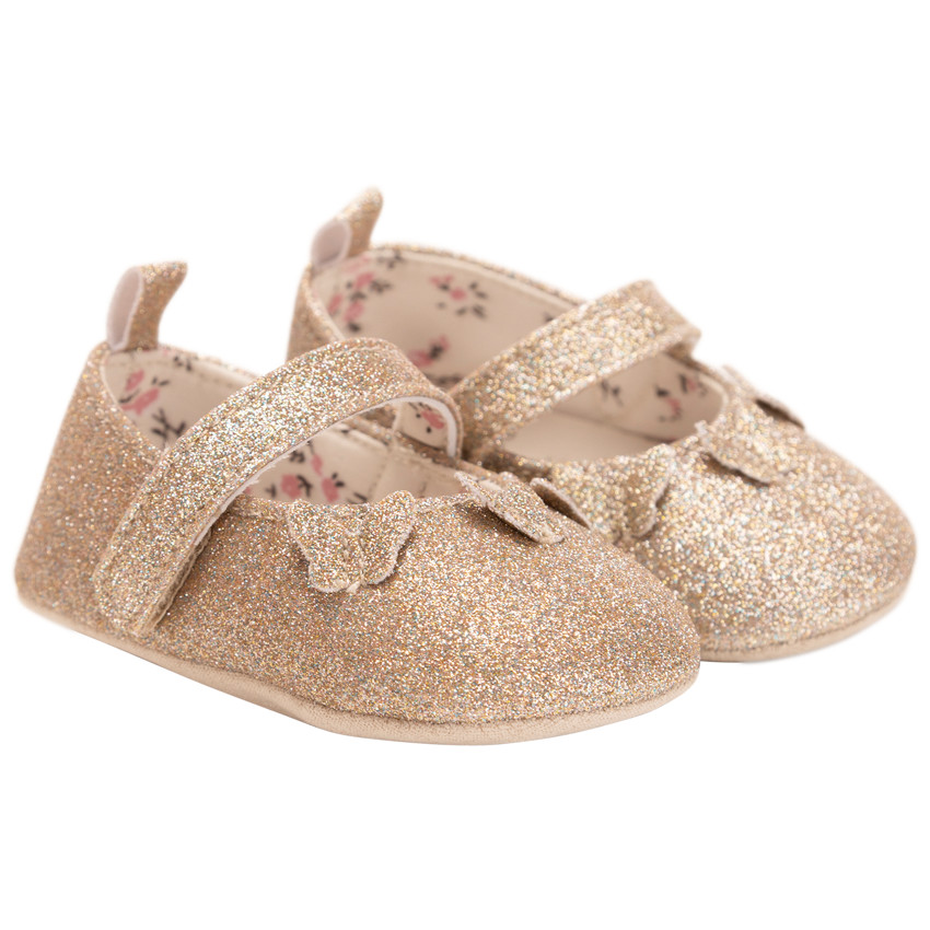 Merceditas doradas con purpurina mariposas aplicadas para bebé niña 