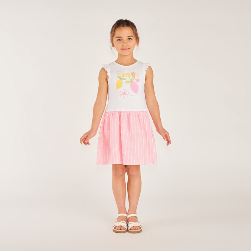 Réplica de vestido 2 en 1 con estampado de limón para niña. 