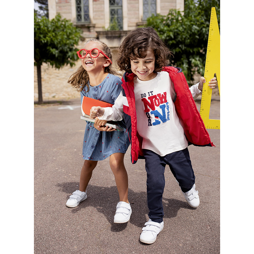 Vestido de chambray manga larga rayas y corazones bordados 