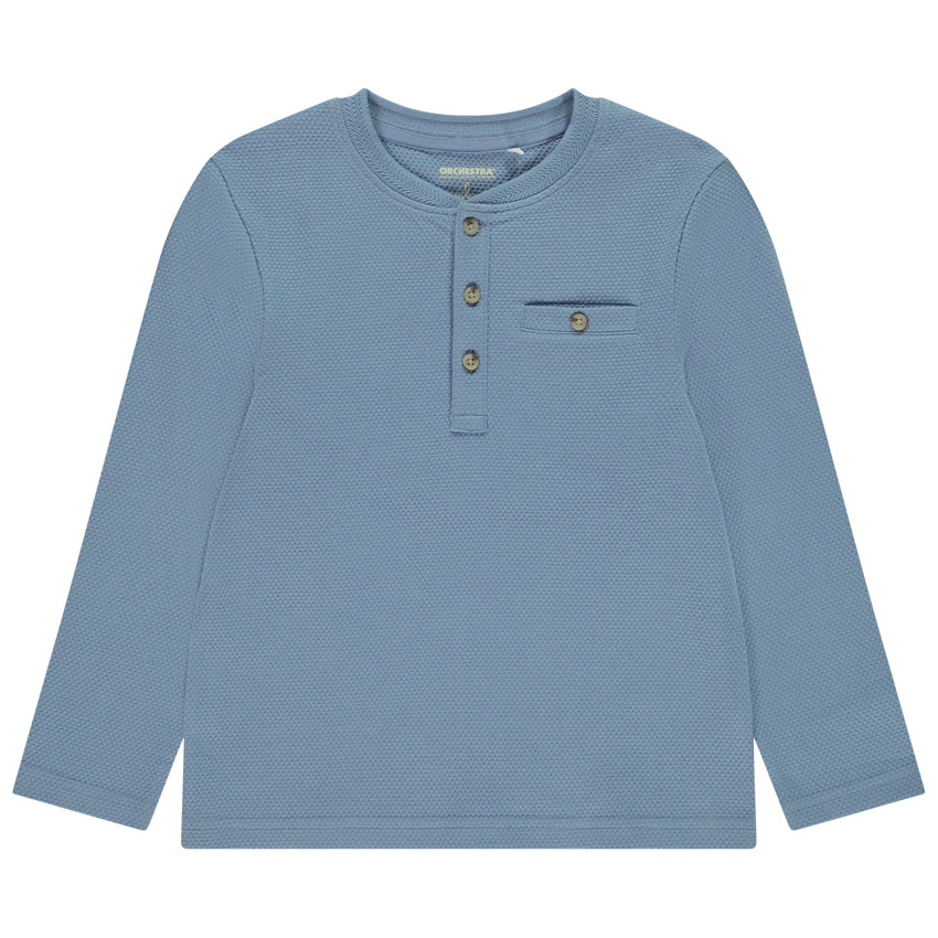 Camiseta de manga larga unicolor con cuello tunecino y bolsillo para niño 