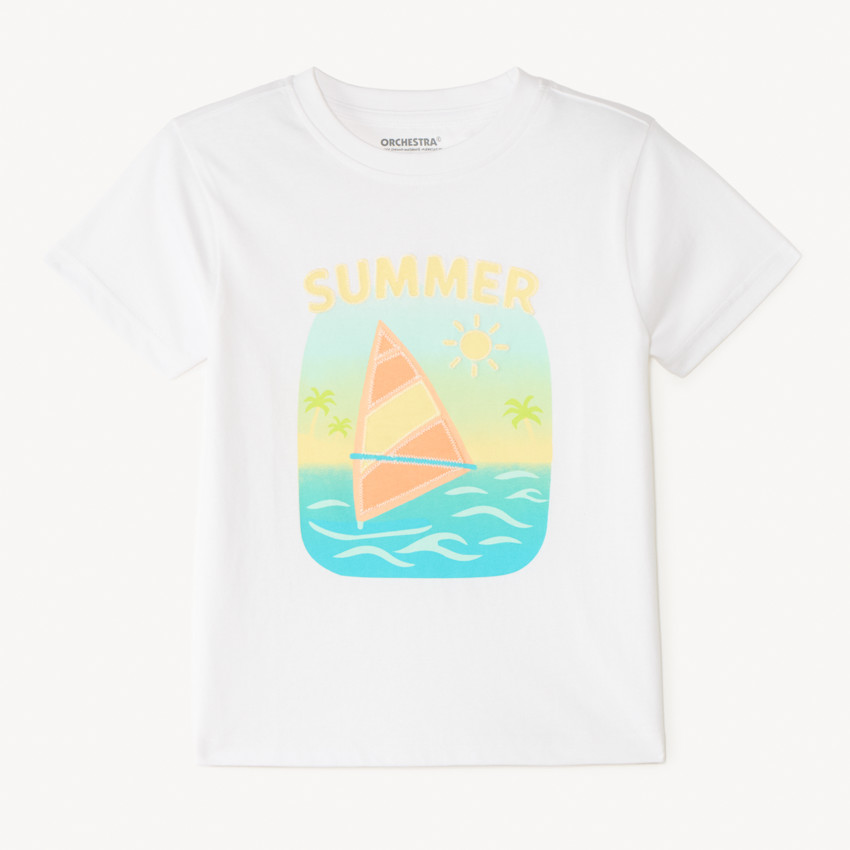 Camiseta de manga corta lisa con estampado veraniego para niño. 
