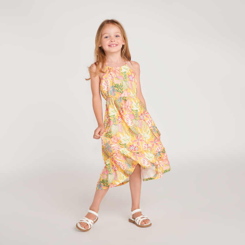 Vestido largo con tirantes de estampado tropical para niña. 