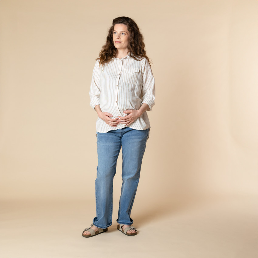 Camisa de manga larga de embarazo y lactancia a rayas con bolsillo 