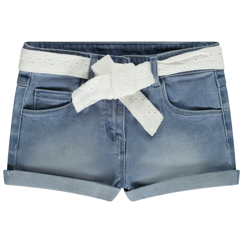 Short vaquero con cinturón de bordado inglés para niña 