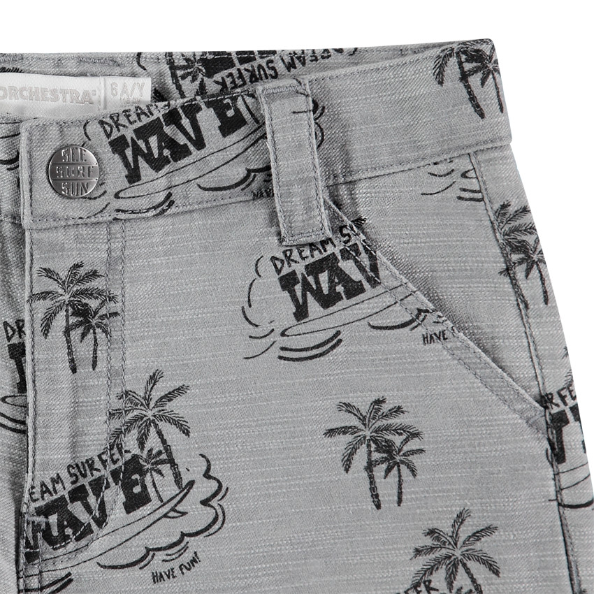 pantalon corto efecto jaspeado con palmeras y mensaje all-over 