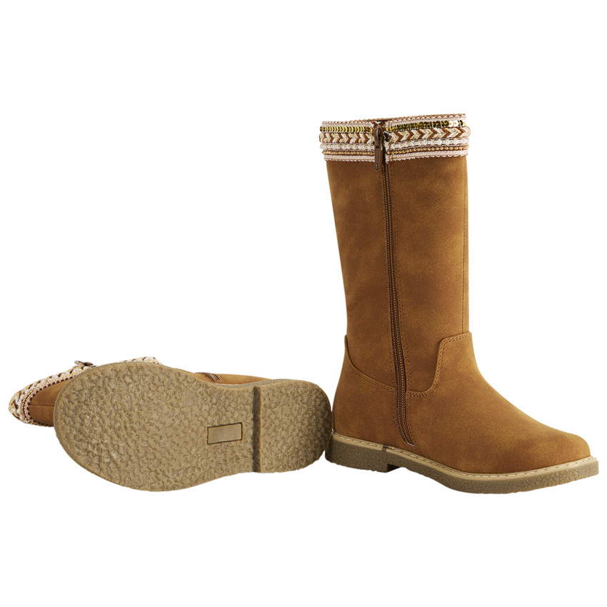 Botas marrones con cremallera y galón textil con perlas y lentejuelas para niña 