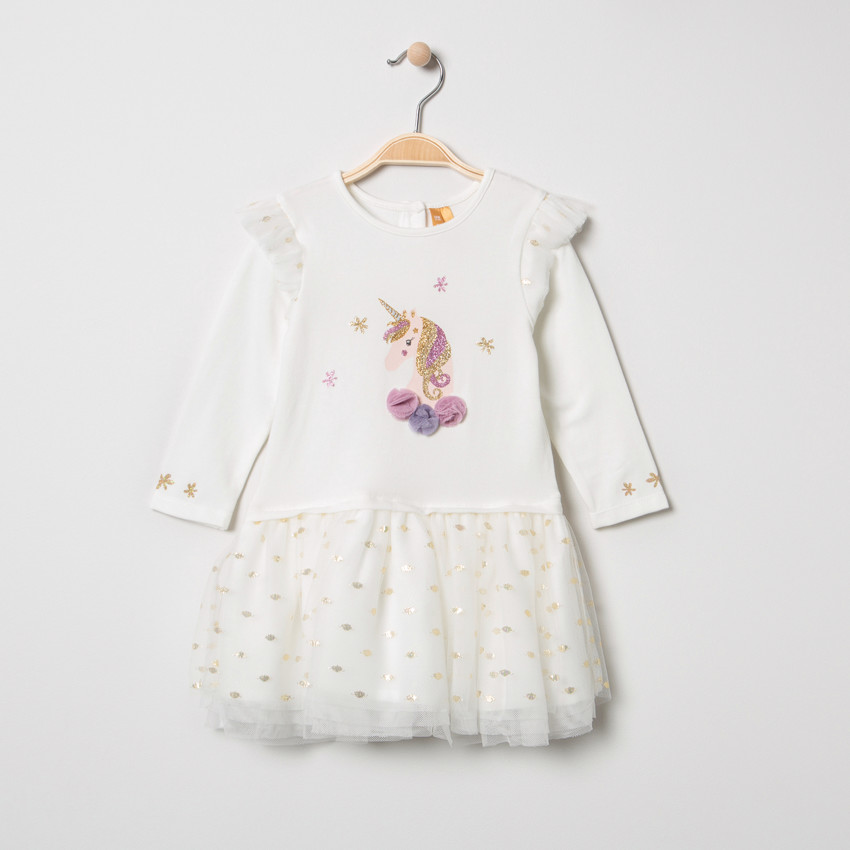 Vestido de manga larga de dos materiales con unicornio brillante y tul.  Additional Vestido de manga larga de dos materiales con unicornio brillante y tul.