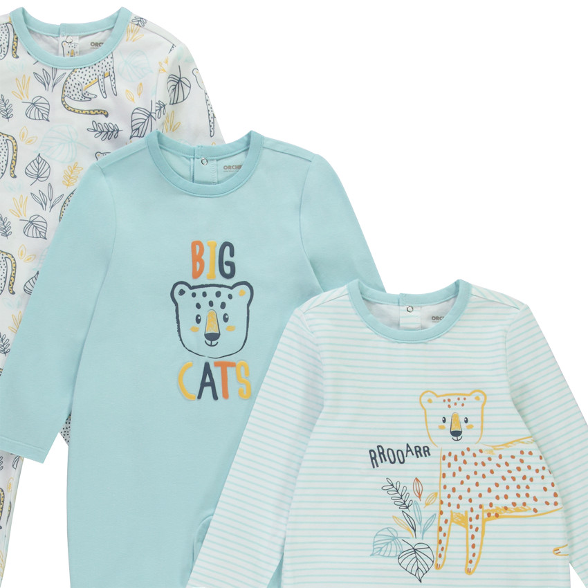 Lote de 3 peleles motivos felinos para bebé niño con aperturas diferentes según la edad 