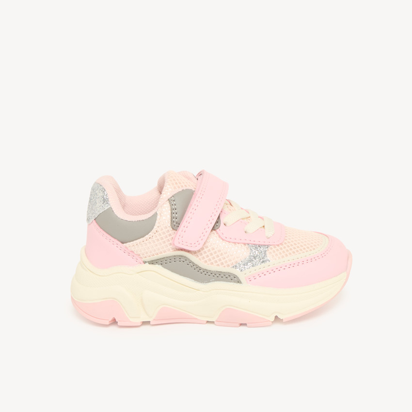 Zapatillas de deporte niña con velcro rosas y brillantes. 