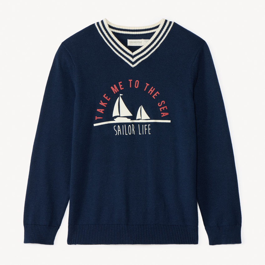 Suéter de manga larga con cuello en V y print de barco para niño 