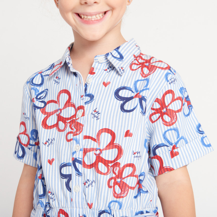 Vestido camisa de manga corta con estampado de flores y rayas para niña 